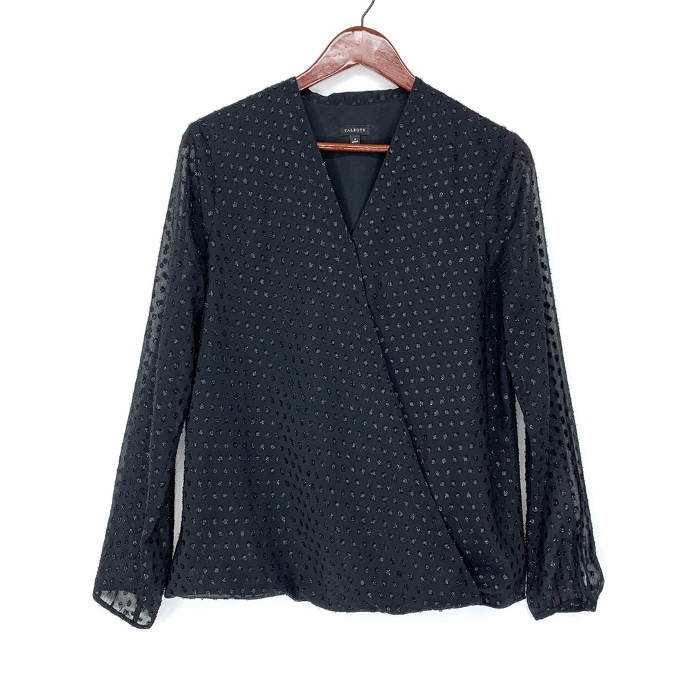 Talbots Solid Black Textured Swiss Dot Sheer Long Sleeve Surplice Blouse Size 8